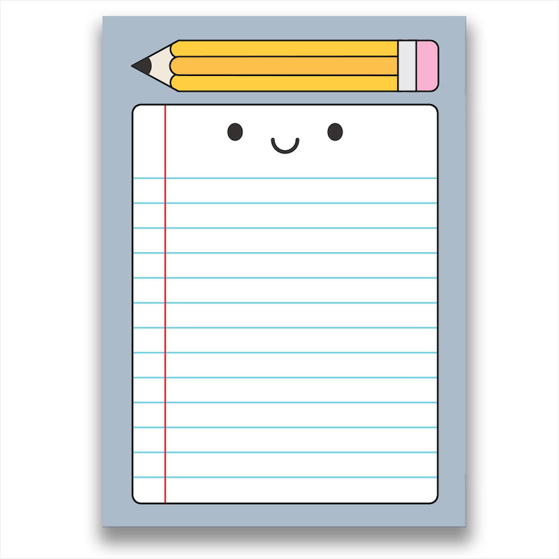 May include: A blue lined notepad with a yellow pencil and a smiling face. The notepad has a red line down the left side.