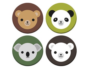Kawaii Bears Badges - Koala, Panda, Polar Bear and Brown Bear