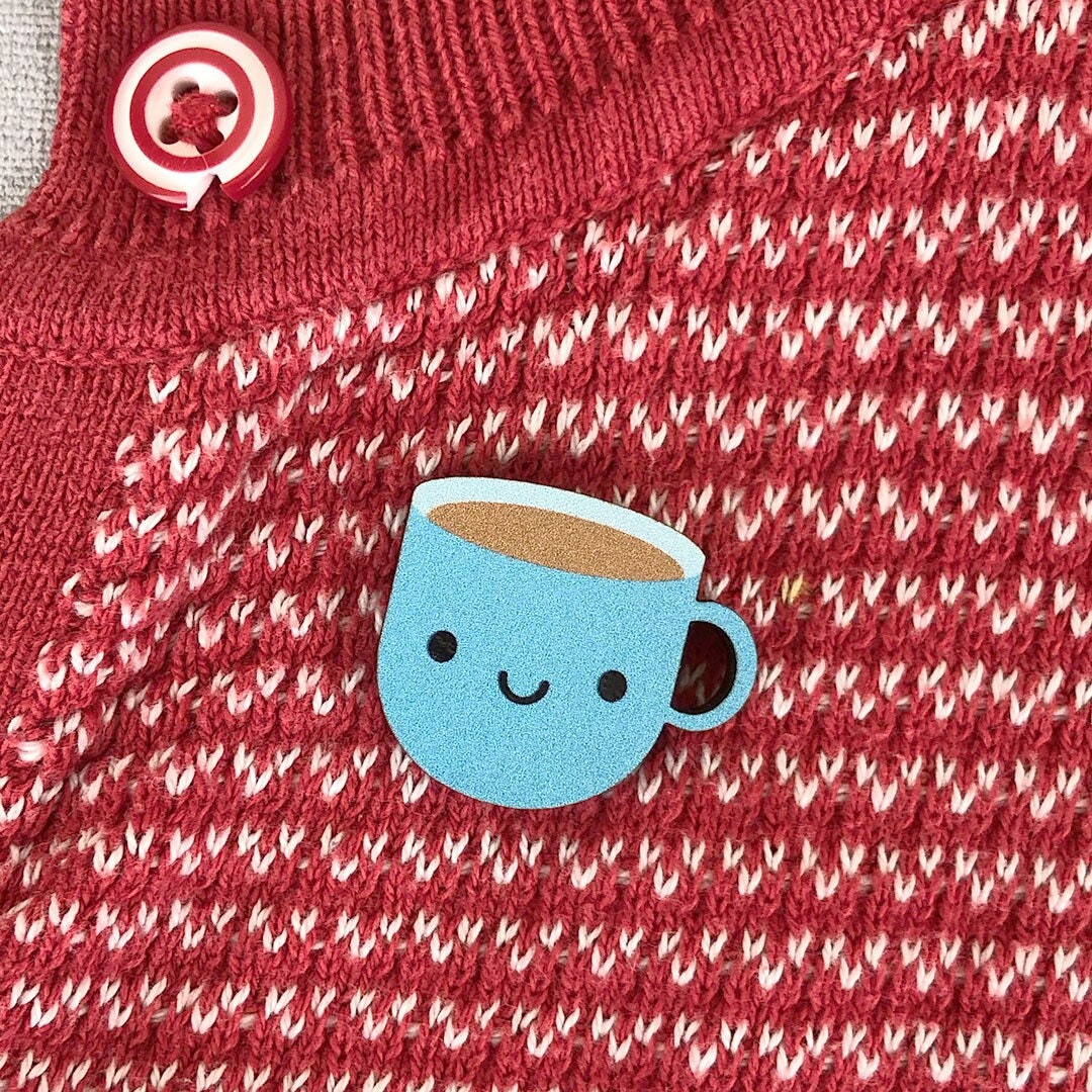 Blue Cup of Tea Kawaii Wooden Pin/Brooch