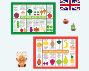 Tableaux/aimants sur les aliments saisonniers du Royaume-Uni - Fruits et légumes kawaii