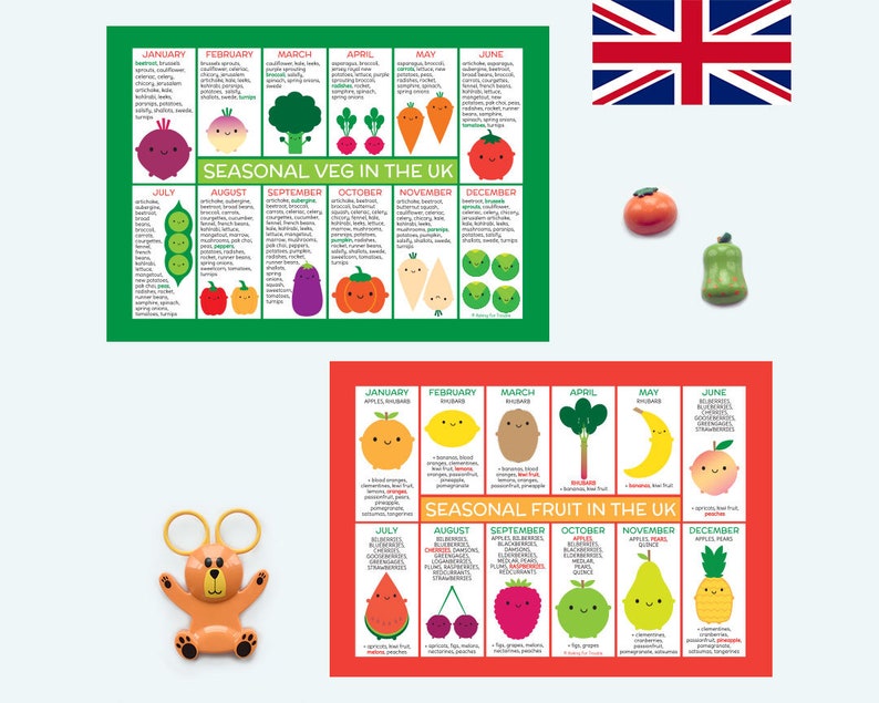 Tableaux/aimants sur les aliments saisonniers du Royaume-Uni Fruits et légumes kawaii image 1