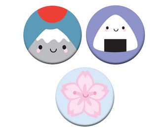 Kawaii Japan Badges - Mt Fuji, Onigiri & Sakura