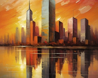 Printable wall art, horizontal, the painting is a cityscape of a modern city