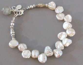 White Keshi Pearl Labradorite Bracelet: Sterling Silver Boho Jewelry - DJStrang