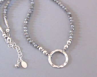 Mystic Labradorite Sterling Silver Necklace: Hammered Circle Pendant - DJStrang