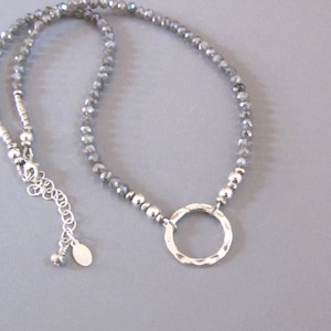 Mystic Labradorite Sterling Silver Necklace: Hammered Circle Pendant - DJStrang