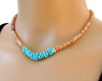 Sunstone Turquoise Gemstone Necklace: Sterling Silver Boho Beaded Jewelry DJStrang