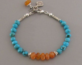 Turquoise Carnelian Sterling Silver Bracelet: Boho Sun Charm - DJStrang