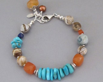 Turquoise Carnelian Agate Bracelet Sterling Silver Boho Gemstone Jewelry DJStrang