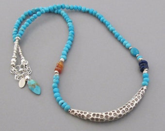 Turquoise Carnelian Lapis Lazuli Necklace: Sterling Silver Boho Jewelry DJStrang