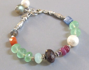Chalcedony Gemstone Bracelet: Sterling Silver, Ruby, Pearl, Labradorite
