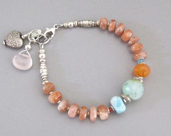 Sunstone Peruvian Opal Bracelet: Sterling Silver Gemstone Boho Jewelry DJStrang