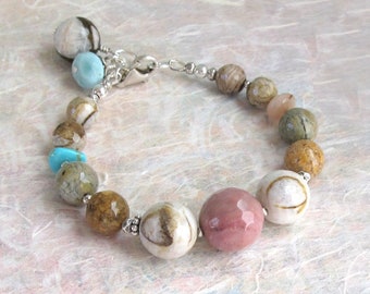 Agate Rhodonite & Larimar Sterling Silver Bracelet Boho Gemstone Jewelry