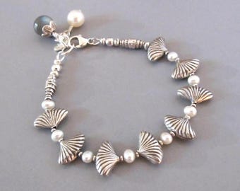 Sterling Silver Shell & Pearl Bracelet: Labradorite Accent, Boho Beach Style - DJStrang