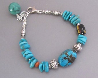 Turquoise Sterling Silver Bracelet: Vintage African Trade Bead Boho Jewelry DJStrarg