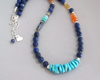 Lapis Lazuli Sterling Silver Necklace: Turquoise, Sunstone, Carnelian, Citrine