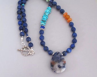 Lapis Lazuli Turquoise Carnelian Necklace: Sterling Silver Southwestern Style