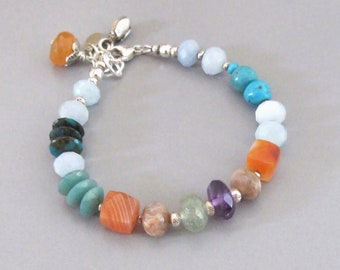 Aquamarine Carnelian Turquoise Bracelet: Sterling Silver Boho Gemstone Jewelry