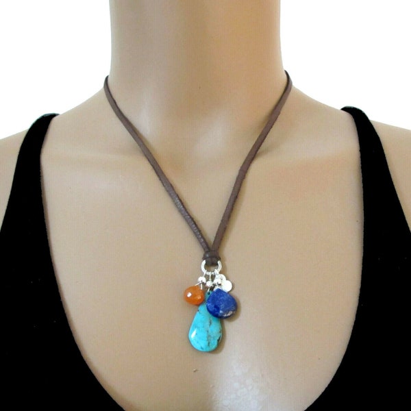 Turquesa Lapis Lazuli carnelian cuero collar plata esterlina corazón encanto DJStrang verde azul círculo naranja círculo sundance estilo capas