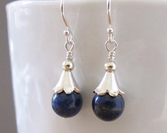 Lapis Lazuli Sterling Silver Earrings: Midnight Blue Gemstone, Floral Design