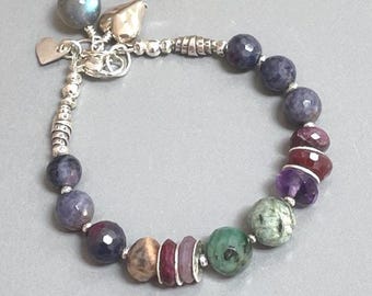 Sapphire Emerald Ruby Sterling Silver Bracelet Heart Charm DJStrang