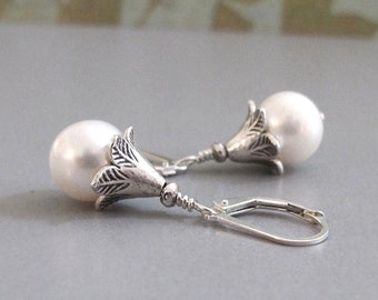 Creamy White Pearl Sterling Silver Earrings: Handmade Floral Dangle