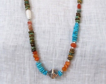 Turquoise Carnelian Pearl Necklace: Sterling Silver Heart Charm, Boho Style DJStrang