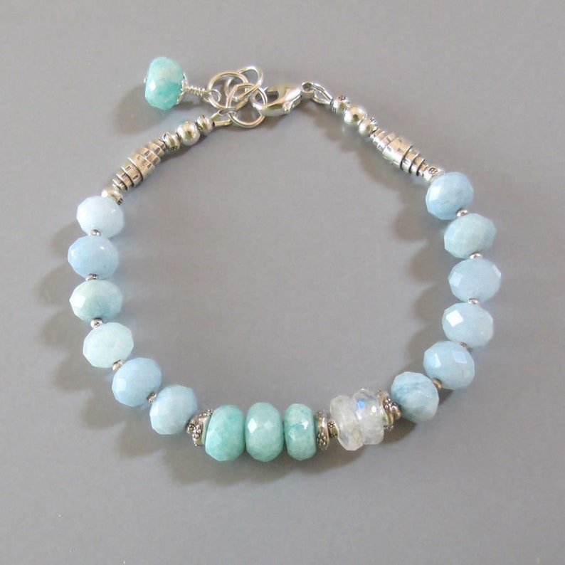 Aquamarine Amazonite Rainbow Moonstone Bracelet Sterling Silver Bead Chatoyant Gemstone DJStrang Blue Green Boho Bridal Wedding Bride