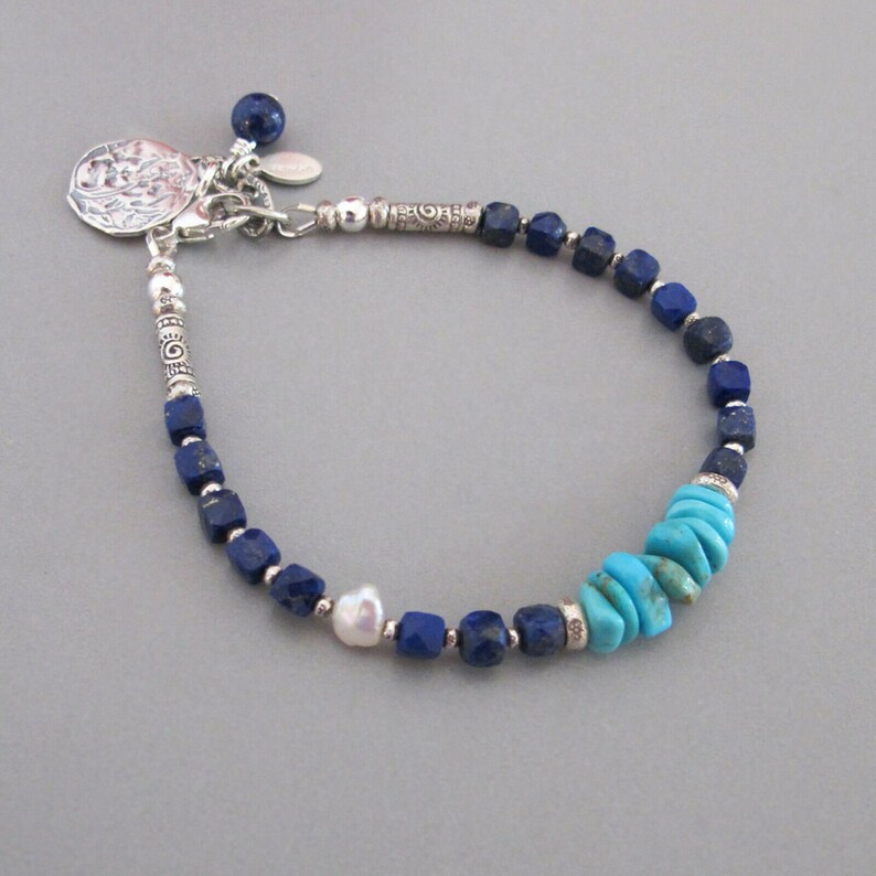 Lapis Lazuli Turquoise Pearl Bracelet Sterling Silver DJStrang | Etsy