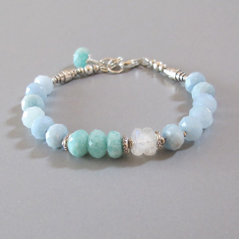 Aquamarine Amazonite Rainbow Moonstone Bracelet Sterling Silver Bead Chatoyant Gemstone DJStrang Blue Green Boho Bridal Wedding Bride