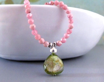 Pink Rhodochrosite & Tourmaline Sterling Silver Necklace: Gemstone Beaded Jewelry