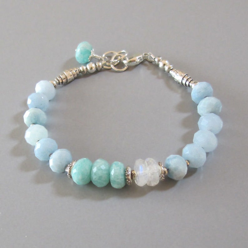 Aquamarine Amazonite Rainbow Moonstone Bracelet Sterling Silver Bead Chatoyant Gemstone DJStrang Blue Green Boho Bridal Wedding Bride