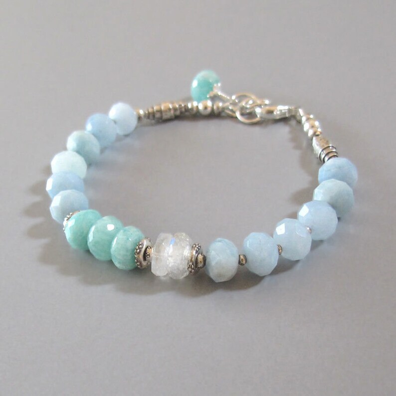 Aquamarine Amazonite Rainbow Moonstone Bracelet Sterling Silver Bead Chatoyant Gemstone DJStrang Blue Green Boho Bridal Wedding Bride