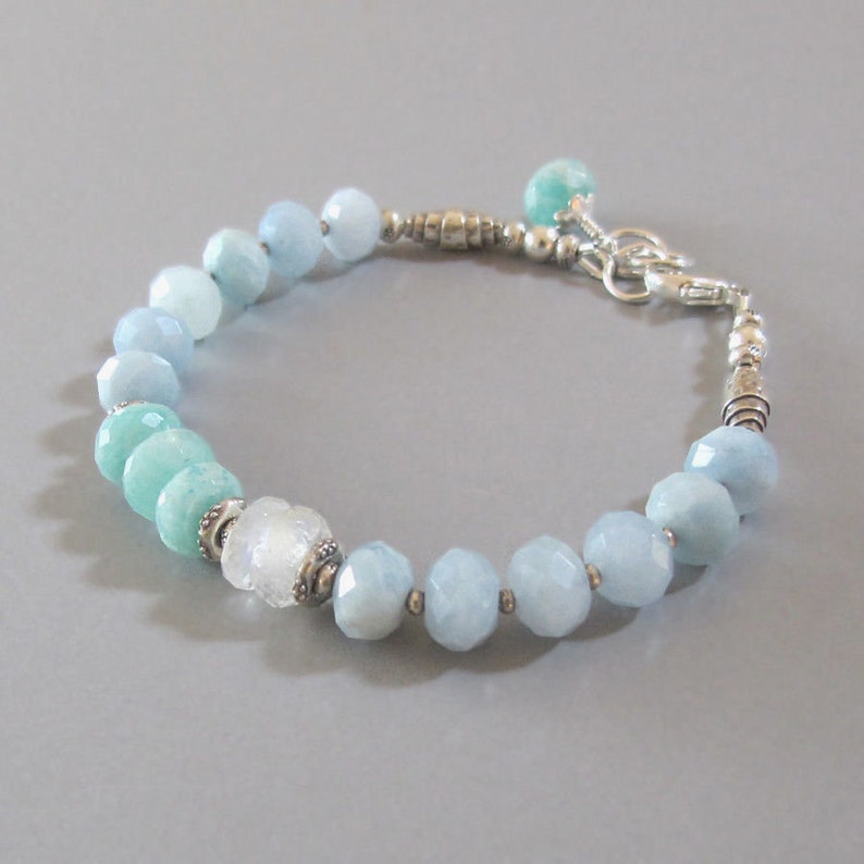 Aquamarine Amazonite Rainbow Moonstone Bracelet Sterling Silver Bead Chatoyant Gemstone DJStrang Blue Green Boho Bridal Wedding Bride