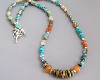 Turquoise Carnelian Necklace: Sterling Silver Boho Gemstone Jewelry