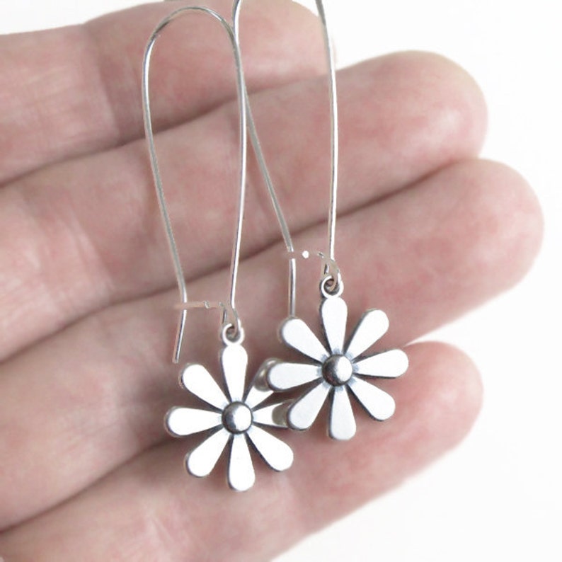 Daisy Flower Earrings Sterling Silver Charm Long Drop Dangle Etsy