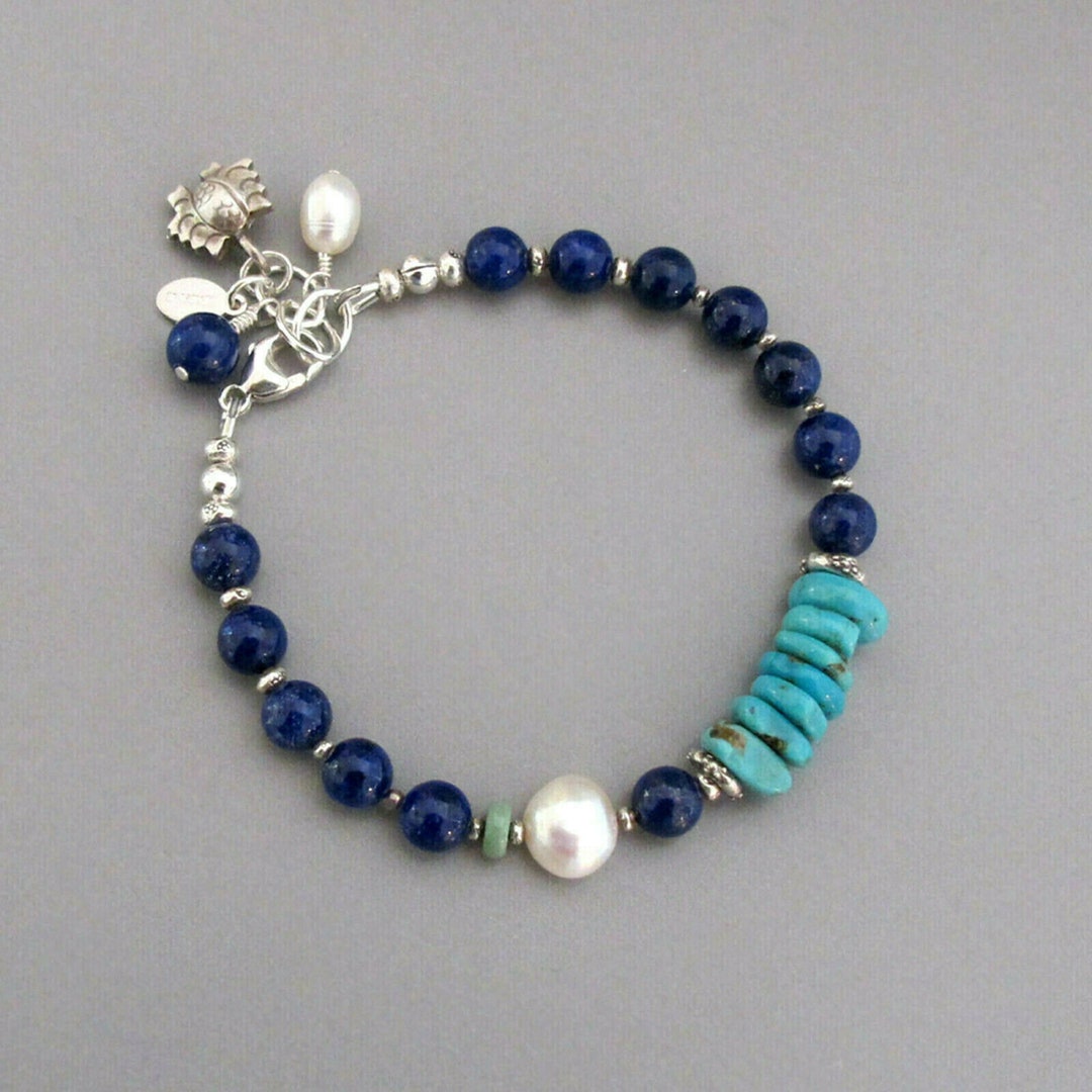 Lapis Lazuli Turquoise Pearl Bracelet Sterling Silver Djstrang Midnight ...