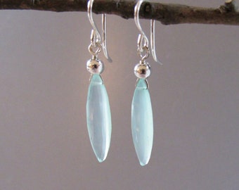 Ocean Chalcedony Earrings Sterling Silver Drop Dangle DJStrang Minimalist Wedding Bride Bridesmaid Aqua Glowing Gemstone Women Gift for Her