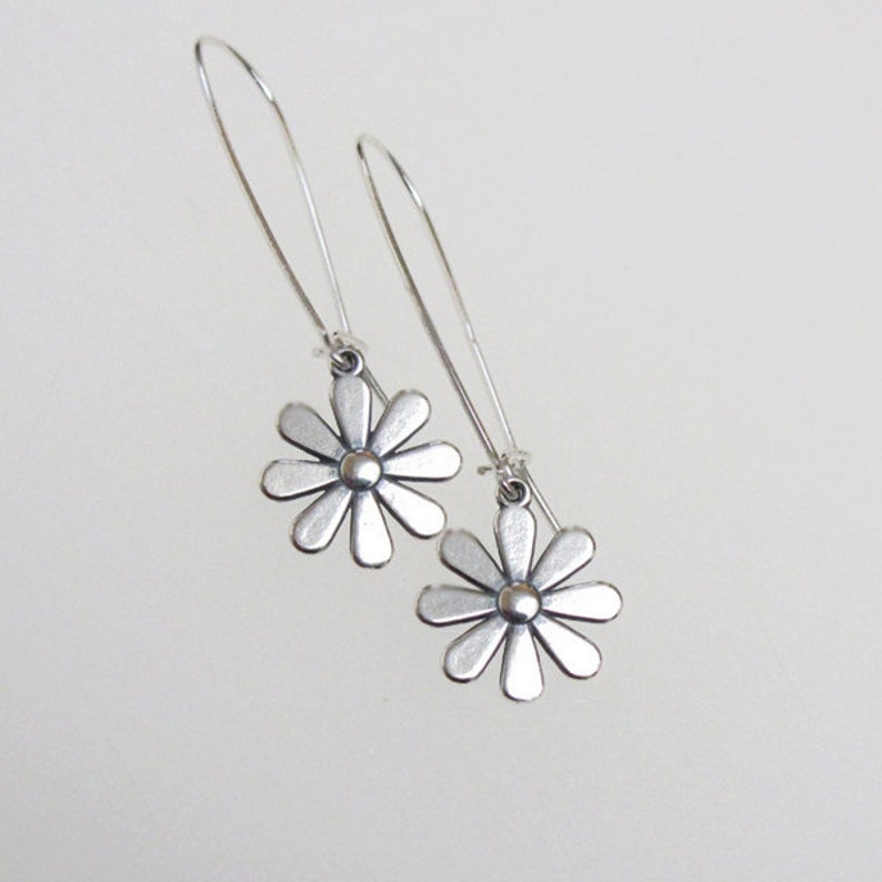 Daisy Flower Earrings Sterling Silver Charm Long Drop Dangle Etsy