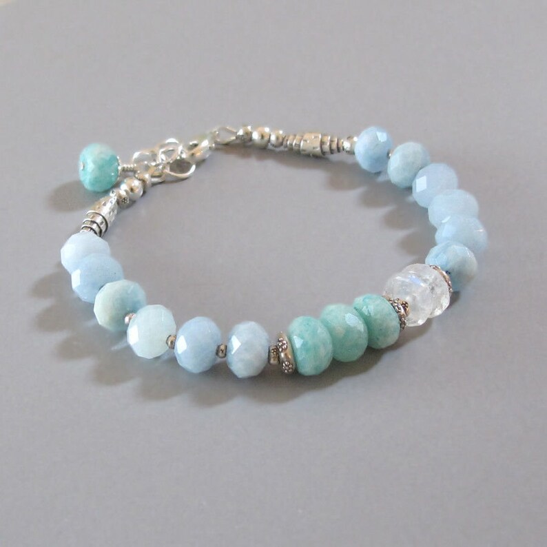 Aquamarine Amazonite Rainbow Moonstone Bracelet Sterling Silver Bead Chatoyant Gemstone DJStrang Blue Green Boho Bridal Wedding Bride