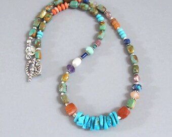 Turquoise, Opal, Pearl & Sterling Silver Necklace: Southwestern Boho Style