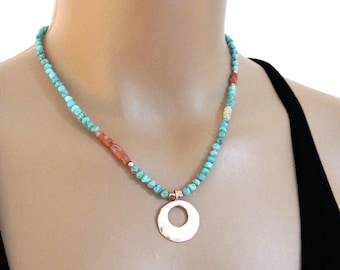 Turquoise Coral Opal Pendant Necklace: Rose Gold Sterling Silver Boho - DJStrang