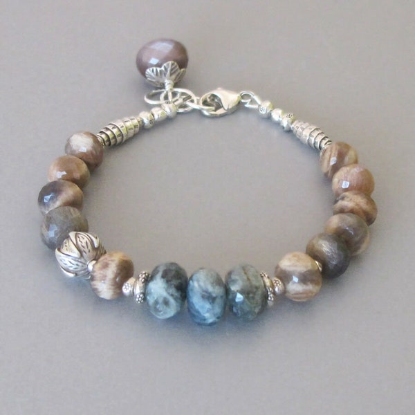 Moss Aquamarine Sunstone Bracelet Sterling Silver Blue Beige Boho Handmade Silver Beads Sundance Style Women Gift For Her