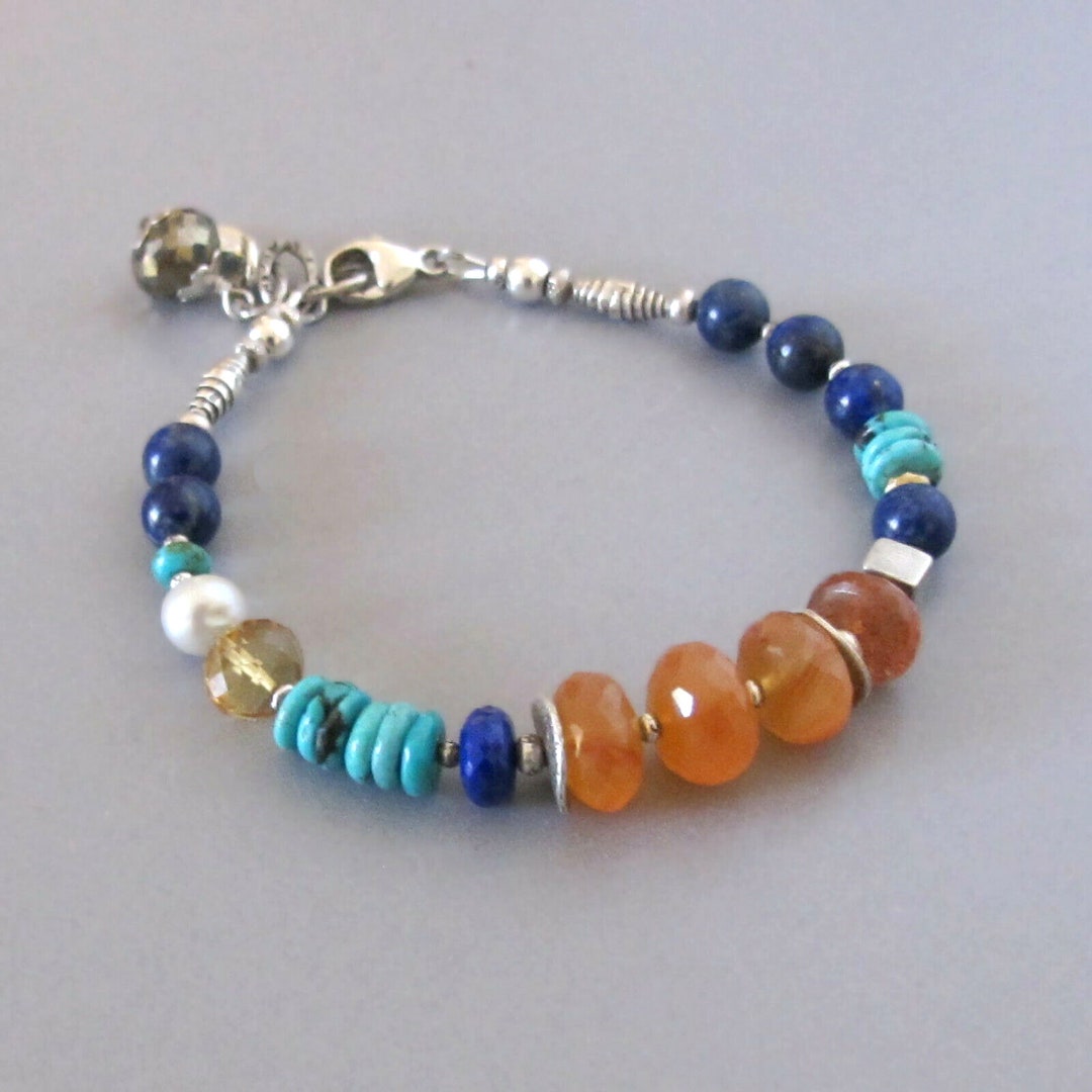 Lapis Turquoise Carnelian Bracelet Sterling Silver Djstrang - Etsy