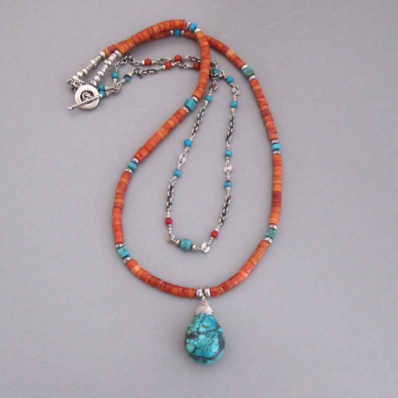 Coral Turquoise Necklace Sterling Silver Chain Djstrang Wire - Etsy