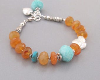 Carnelian Amazonite Pearl Bracelet: Sterling Silver Heart Charm, Boho Style