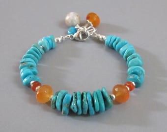 Turquoise Carnelian Sterling Silver Bracelet: Bohemian Gemstone Jewelry DJStrang