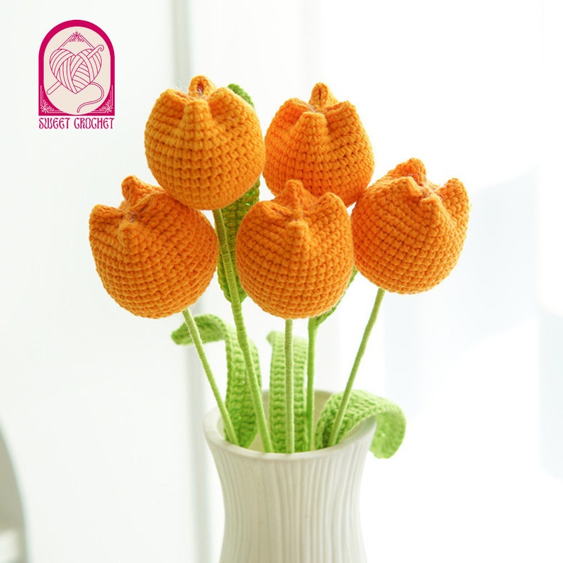 Handmade Crochet Tulip Bouquet Anniversary Gift Mother's Day Floral Room Decor Graduation Gift Orange