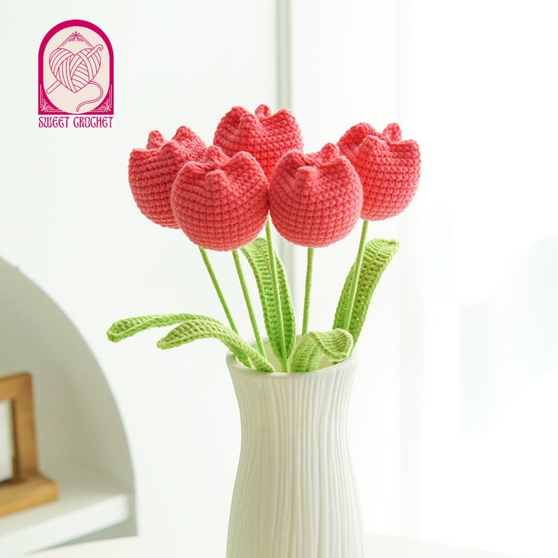 Handmade Crochet Tulip Bouquet Anniversary Gift Mother's Day Floral Room Decor Graduation Gift Red