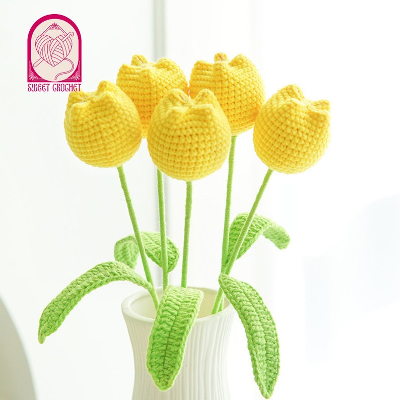 Handmade Crochet Tulip Bouquet Anniversary Gift Mother's Day Floral Room Decor Graduation Gift Yellow